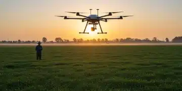 Agricultural drone monitoring crop health over a green field at sunrise.