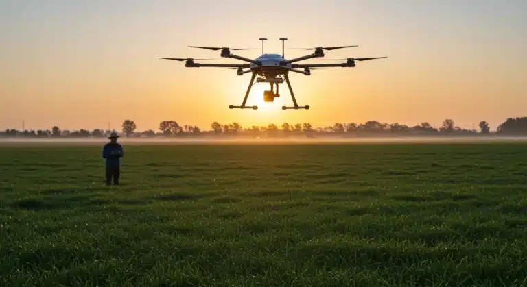 Agricultural drone monitoring crop health over a green field at sunrise.