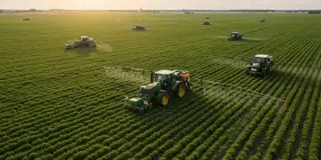 Agricultural Robotics: 20% Labor Cost Cut in 12 Months Advanced robotic tractors and drones automating farming tasks in a sunlit field, reducing labor costs.