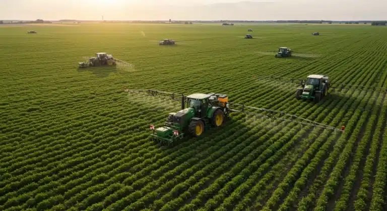Advanced robotic tractors and drones automating farming tasks in a sunlit field, reducing labor costs.