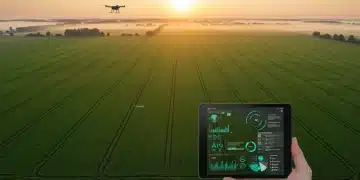 AI Crop Monitoring: 10% Yield Boost by 2025 Drone monitoring a vast agricultural field with AI data on tablet