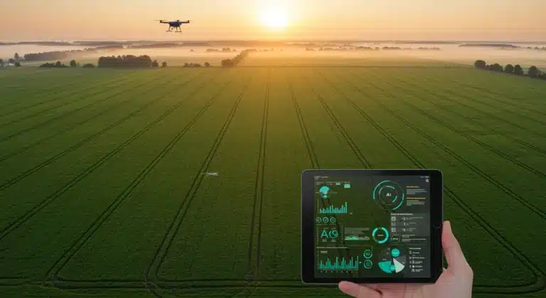 Drone monitoring a vast agricultural field with AI data on tablet