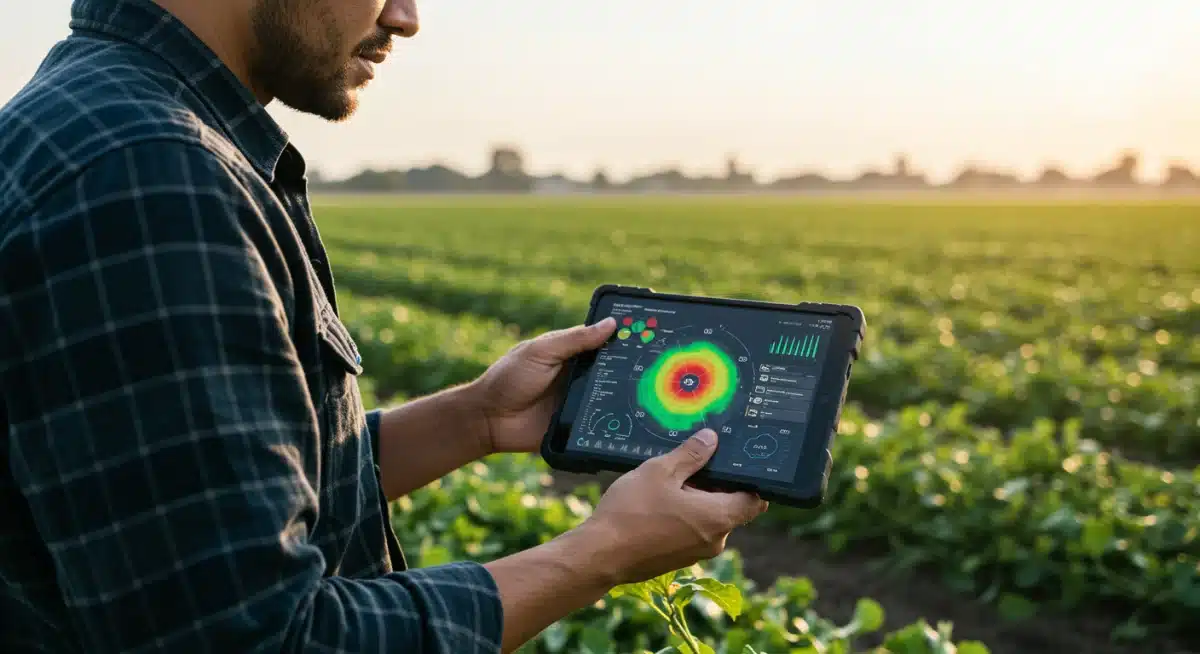Farmer using tablet with AI crop health map in field