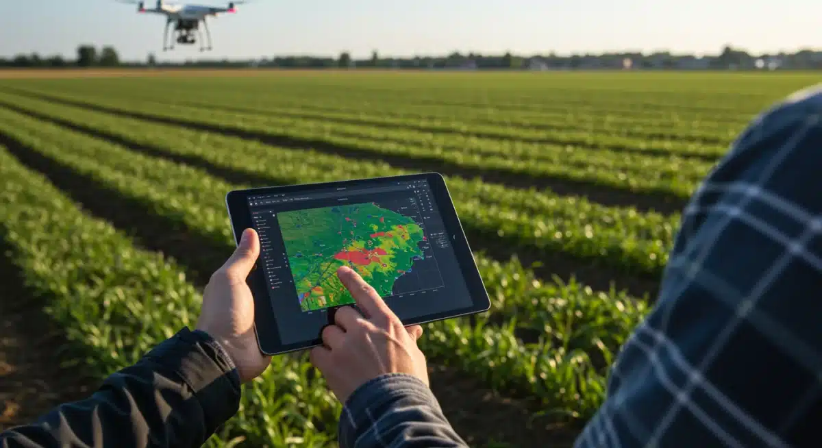 Farmer analyzing drone crop health data on a tablet in a field.