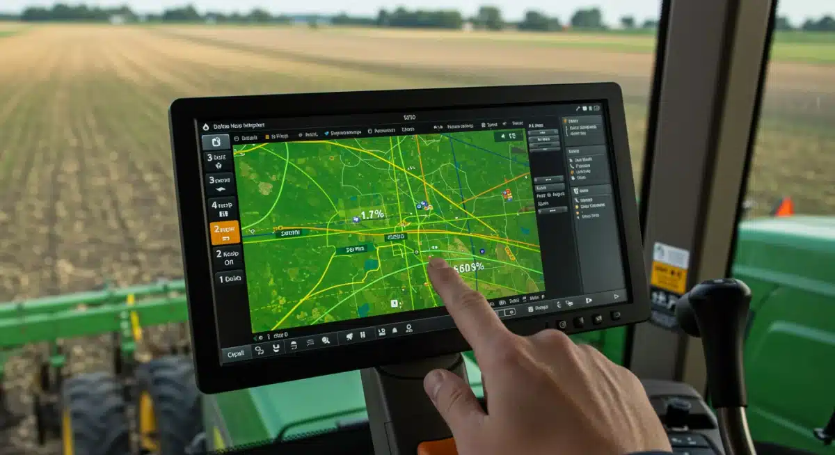 Farmer monitoring real-time GPS planting data on a tractor's touchscreen display