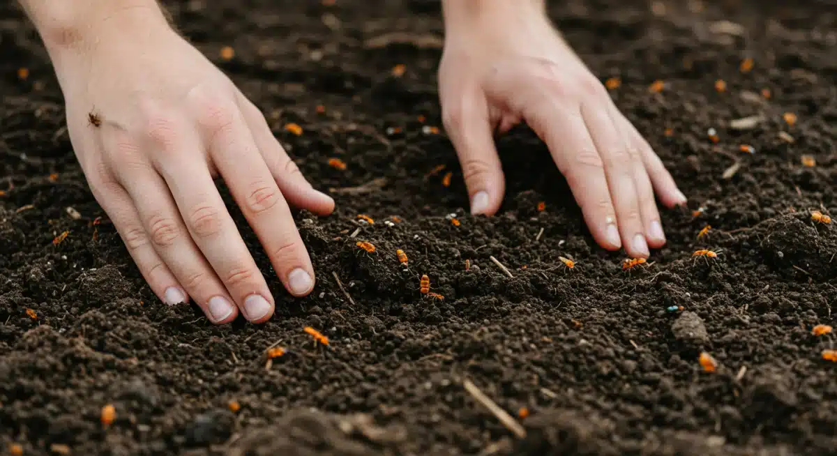 Farmer inspecting healthy soil with organic matter