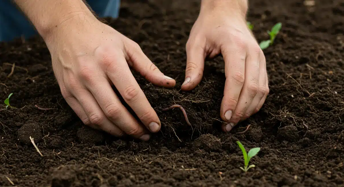 Farmer's hands inspecting rich, healthy soil with earthworms and plant roots, demonstrating improved soil health.