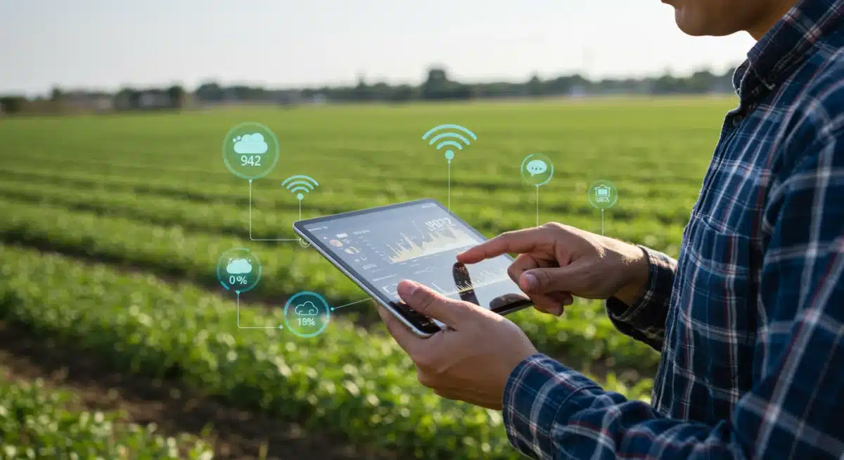 Farmer analyzing real-time IoT sensor data on a tablet for informed agricultural decisions.
