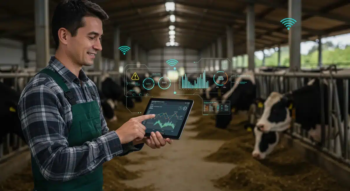 Farmer monitoring livestock data on tablet in smart barn