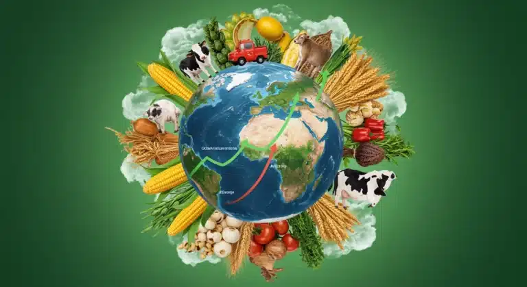 Global agricultural exports with growth charts and US flag