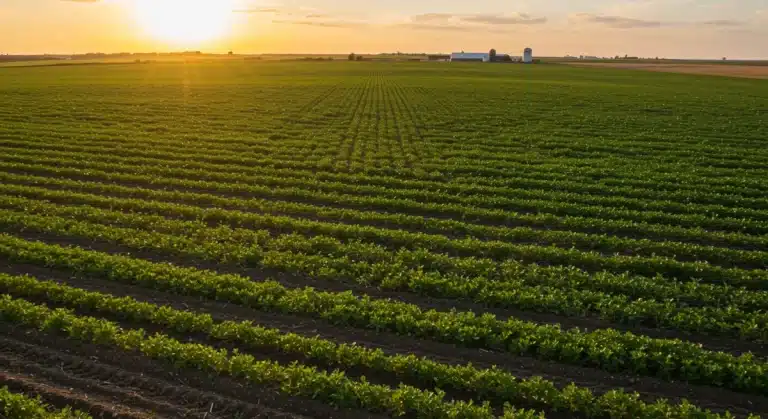 Healthy farm field with diverse cover crops and no-till practices under a warm sunset, illustrating regenerative agriculture benefits.