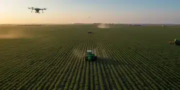 Sunrise over a US farm with IoT sensors and drones, symbolizing data-driven agriculture for yield increase.