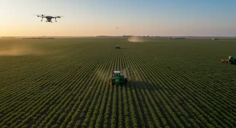 Sunrise over a US farm with IoT sensors and drones, symbolizing data-driven agriculture for yield increase.