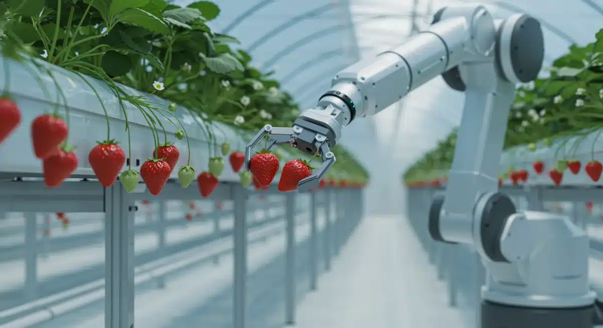 Robotic arm precisely harvesting strawberries in a greenhouse, showcasing automated delicate tasks.