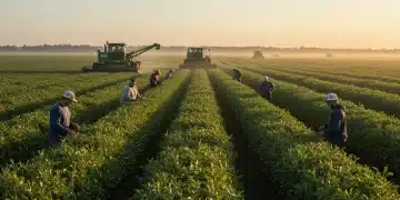 Agricultural workers harvesting crops in a modern US farm field