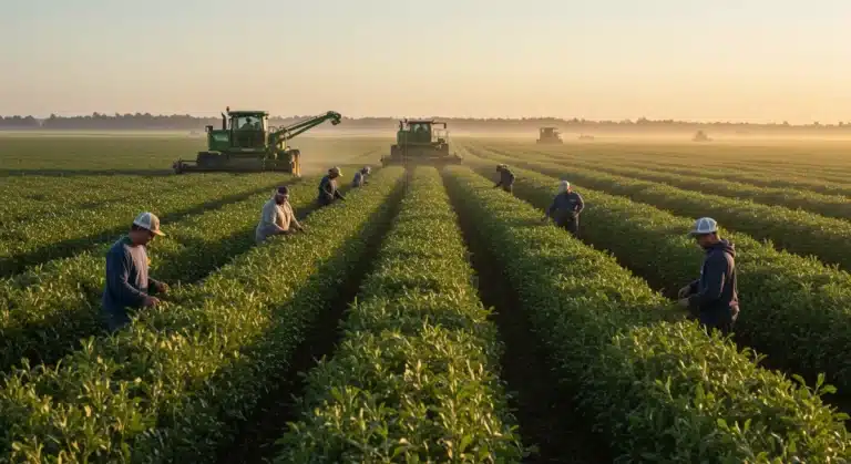 Agricultural workers harvesting crops in a modern US farm field