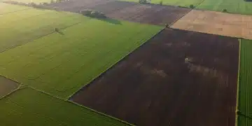 Aerial view of diverse farm fields demonstrating carbon sequestration practices