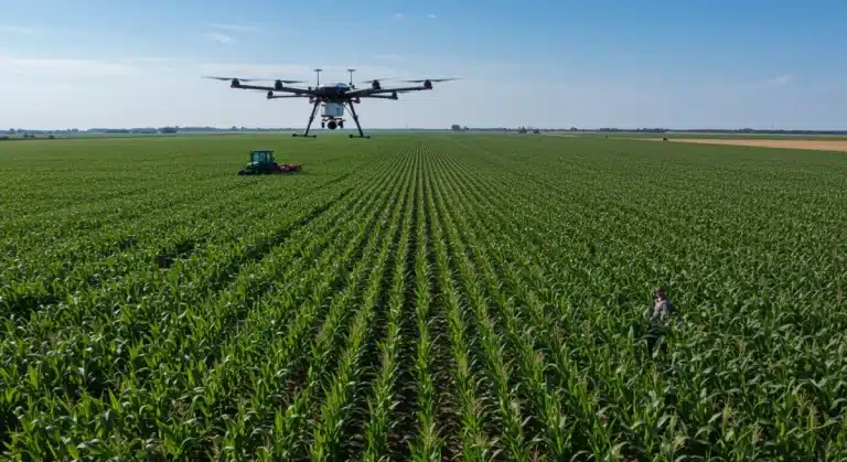 Advanced agricultural drone scanning a cornfield for crop health
