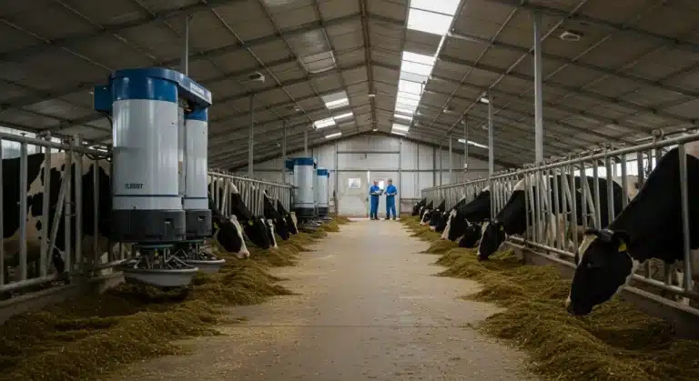 Automated feeding robots in a modern dairy barn, delivering feed to cows.