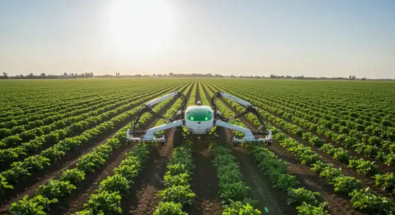 Advanced autonomous weeding robot working in a field, reducing herbicide use.