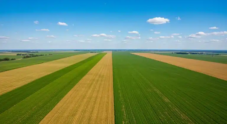 Aerial view of diverse cover crops enhancing soil health in a US farm field.