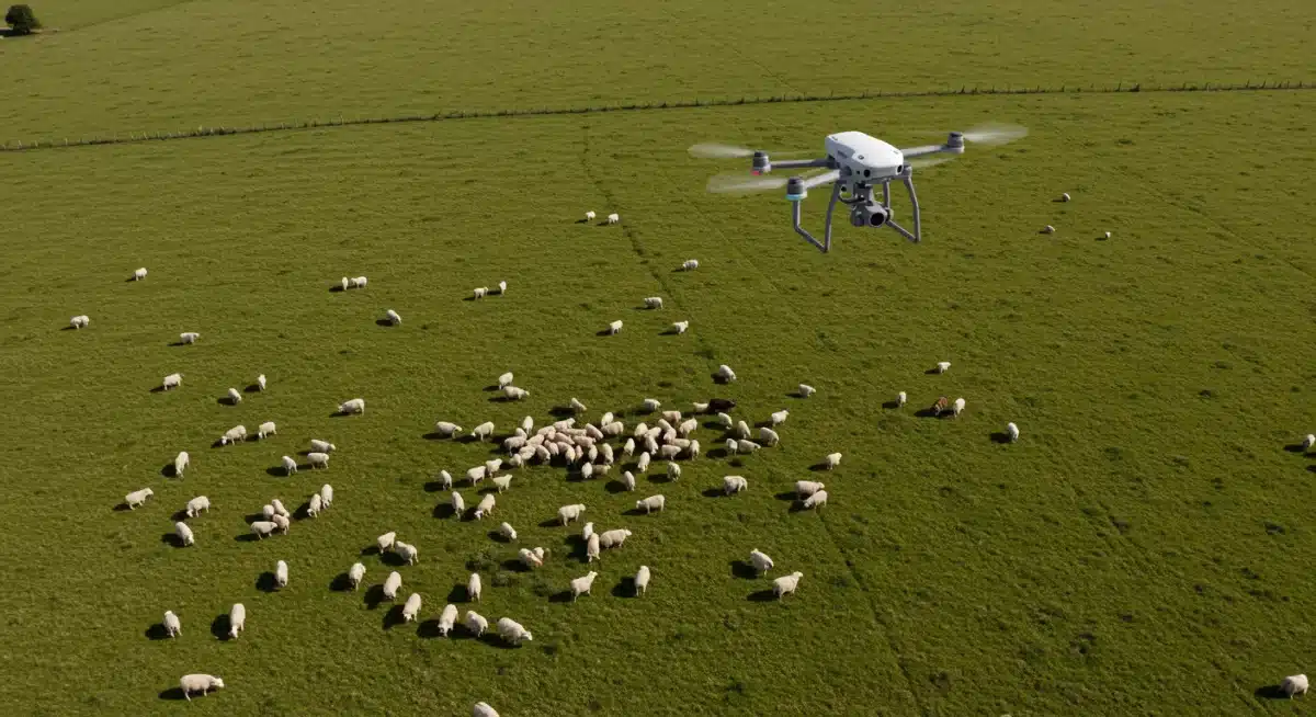 Drone surveying sheep herd in pasture for livestock monitoring