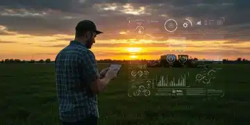 Farmer analyzing data on tablet in field at sunset for farm profitability