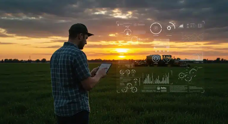 Farmer analyzing data on tablet in field at sunset for farm profitability