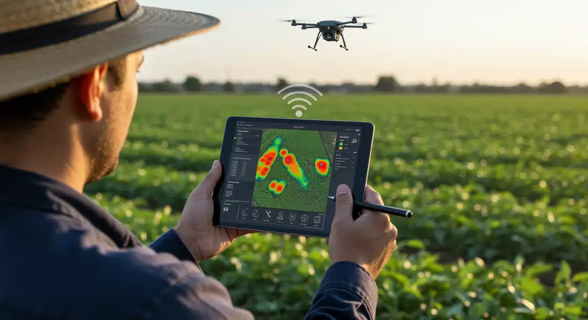Farmer analyzing drone data on a tablet in the field