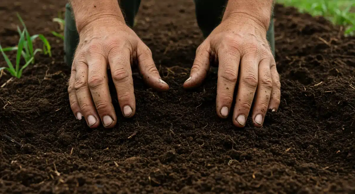 Farmer's hands inspecting rich, dark soil with organic matter