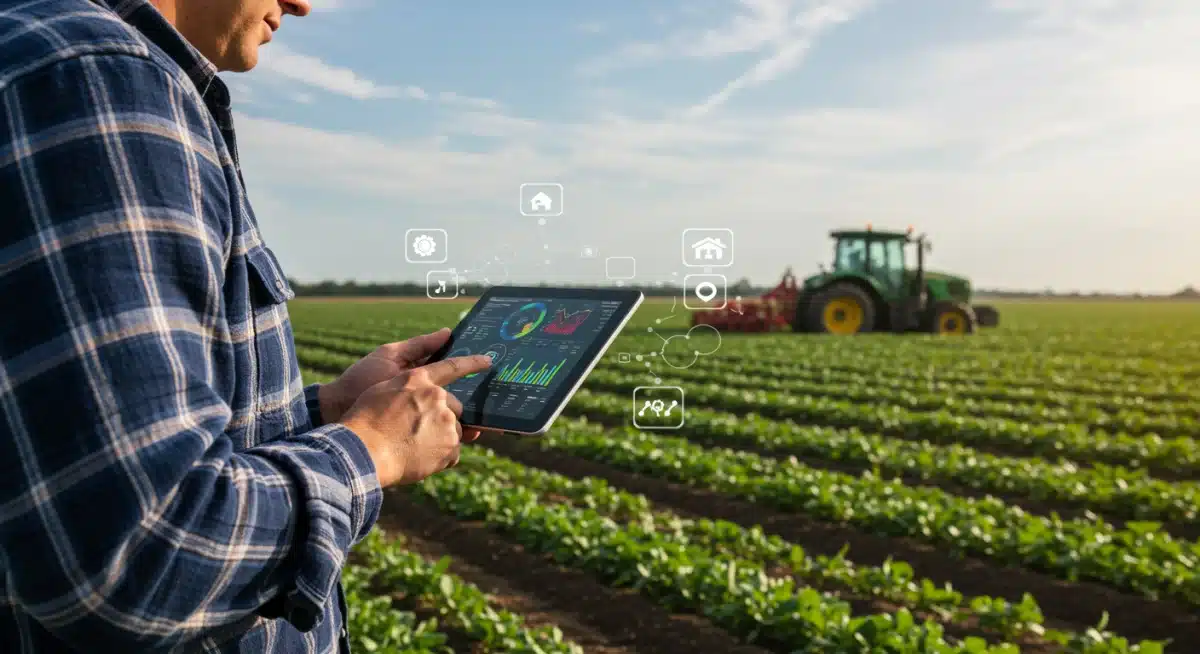 Farmer monitoring crop data and inventory on a tablet