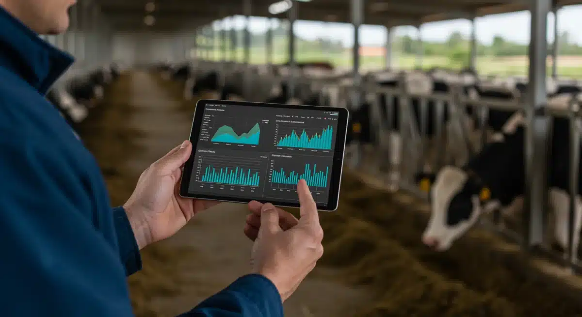 Farmer reviewing data from an automated feeding system on a tablet.