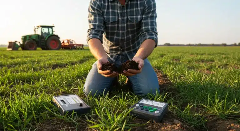 Farmer inspecting healthy soil with a testing kit in a productive field