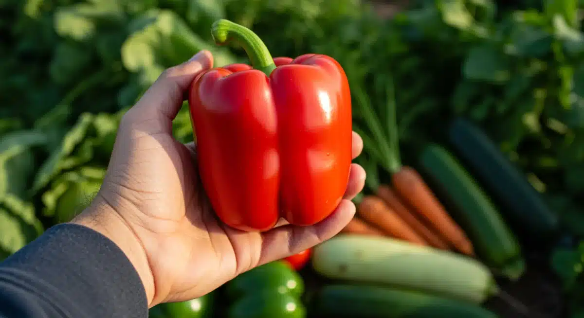 Hand holding vibrant organic bell pepper, representing consumer preference for fresh, high-quality organic produce.