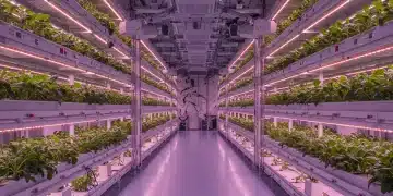 Futuristic vertical farm with LED lights and robotic automation