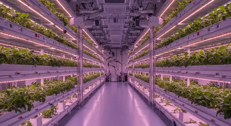 Futuristic vertical farm with LED lights and robotic automation