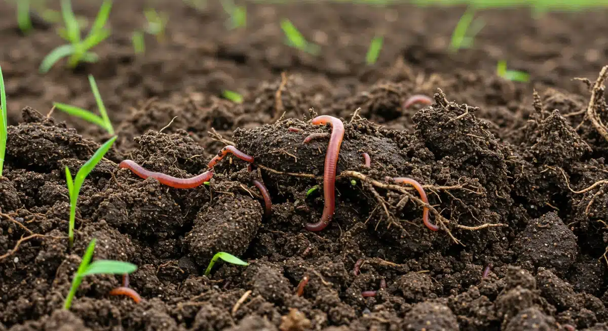 Close-up of vibrant soil with earthworms and cover crop roots, showing biological activity.