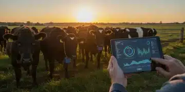 IoT in Livestock Management: 30% Operational Hour Reduction Smart collars on cattle, farmer monitoring livestock data on tablet