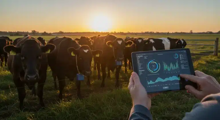 Smart collars on cattle, farmer monitoring livestock data on tablet