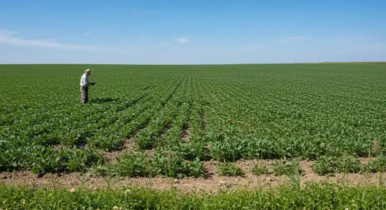 Farmer inspecting crops in a field, implementing Integrated Pest Management strategies.