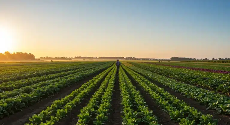 Farmer surveying flourishing organic produce rows at dawn, symbolizing future market readiness.