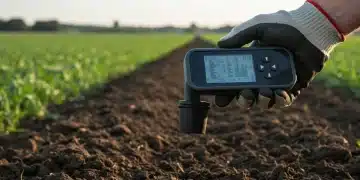 Farmer using a portable real-time soil analysis device in a field