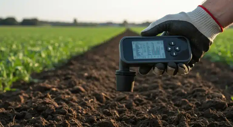 Farmer using a portable real-time soil analysis device in a field