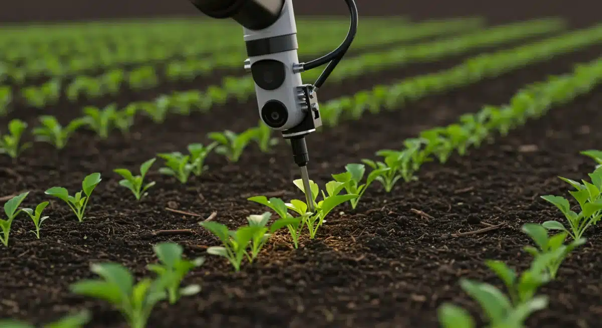 Precision weeding robot arm targeting individual weed.