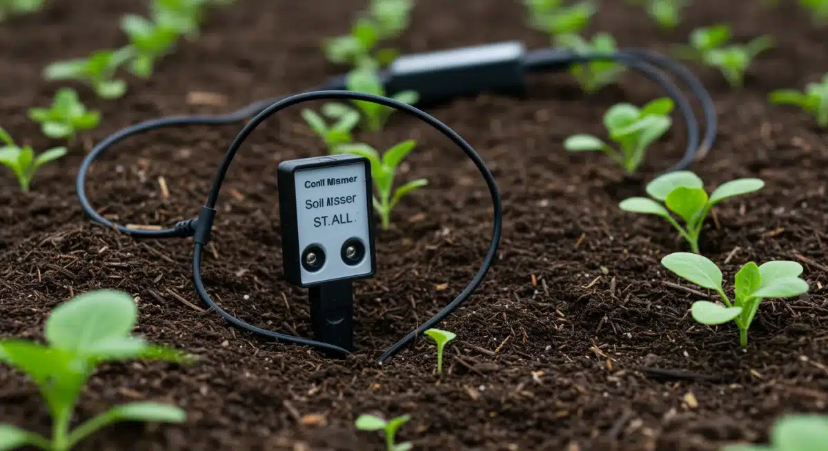 Close-up of a soil moisture sensor in agricultural soil transmitting data