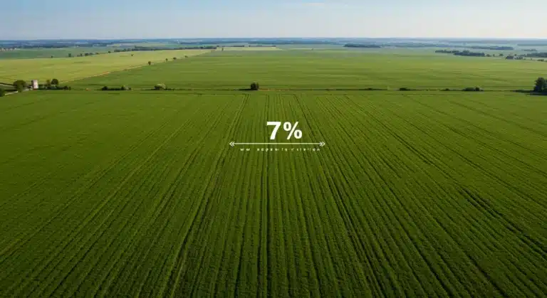 Aerial view of green farmland with a 7% appreciation projection overlay, symbolizing growth and investment.