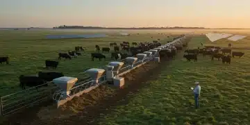 Automated feeding system on a modern US cattle ranch at dawn