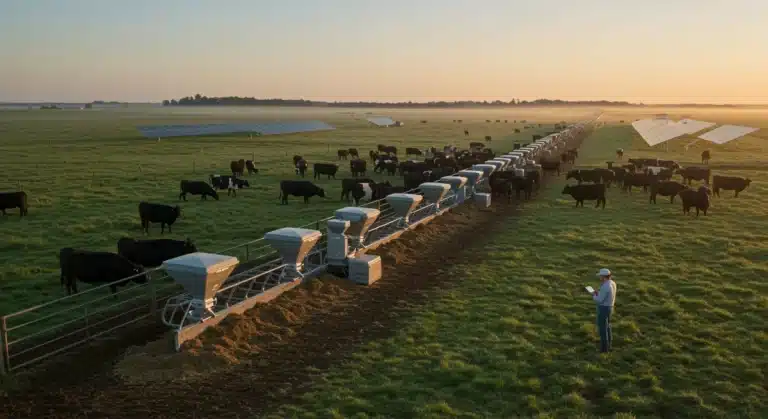 Automated feeding system on a modern US cattle ranch at dawn