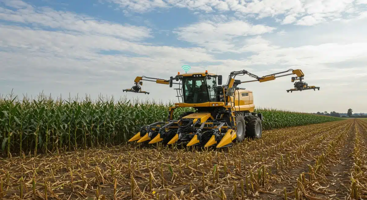 Autonomous robotic corn harvester operating in a vast agricultural field