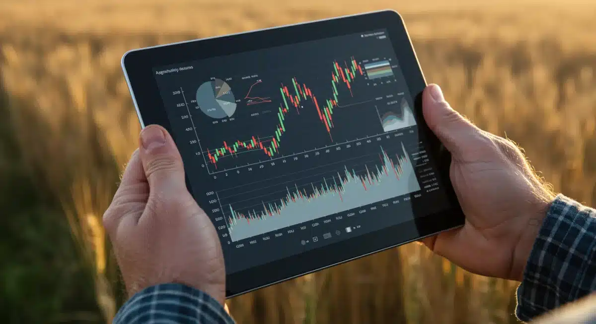 Farmer's hands holding a tablet showing complex market trend graphs and data, illustrating data-driven agricultural decision-making.